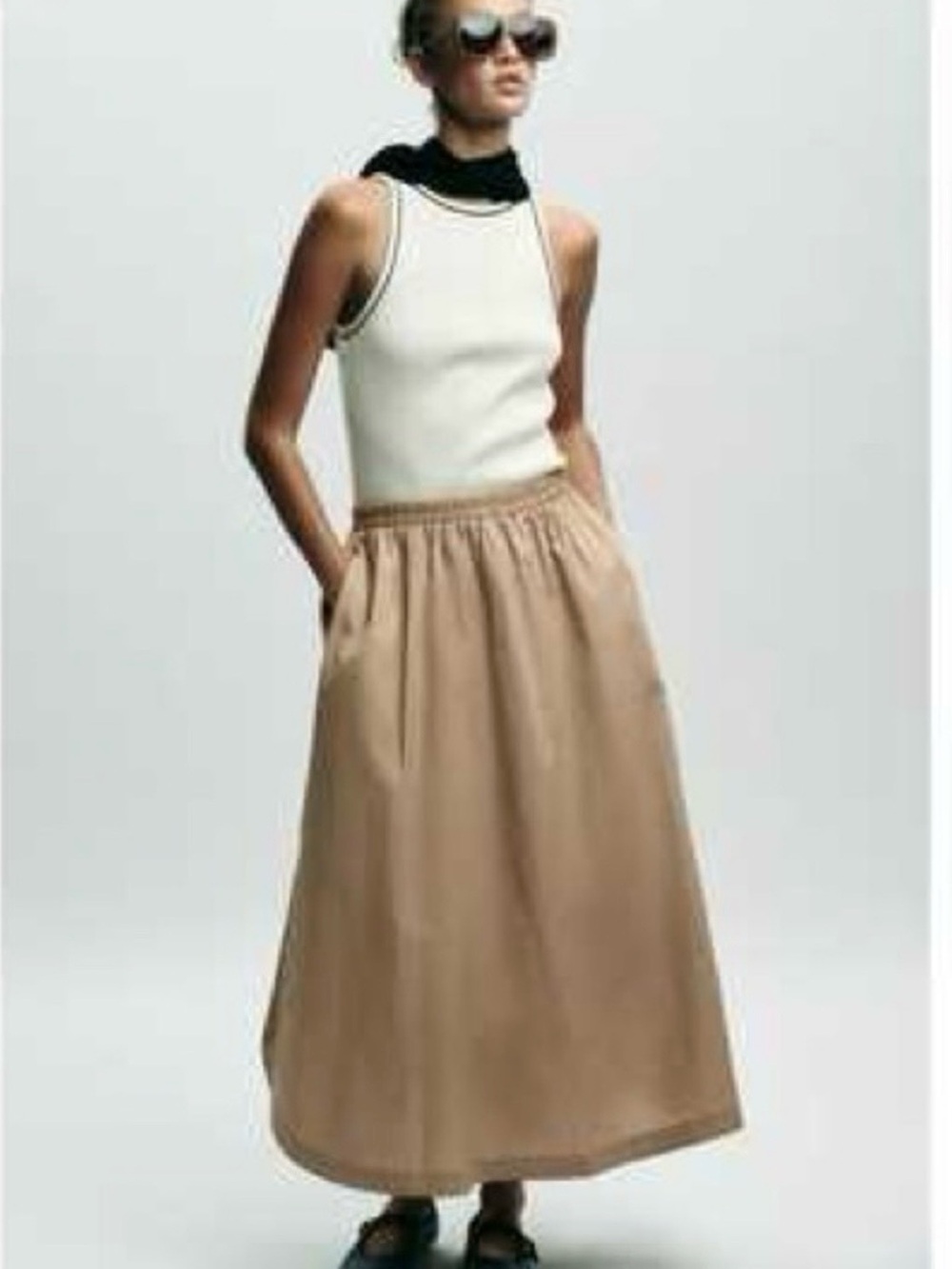 Zara Ribbed Tank & Midi Skirt Combo Dress Cream Tan Two-Tone Size Large